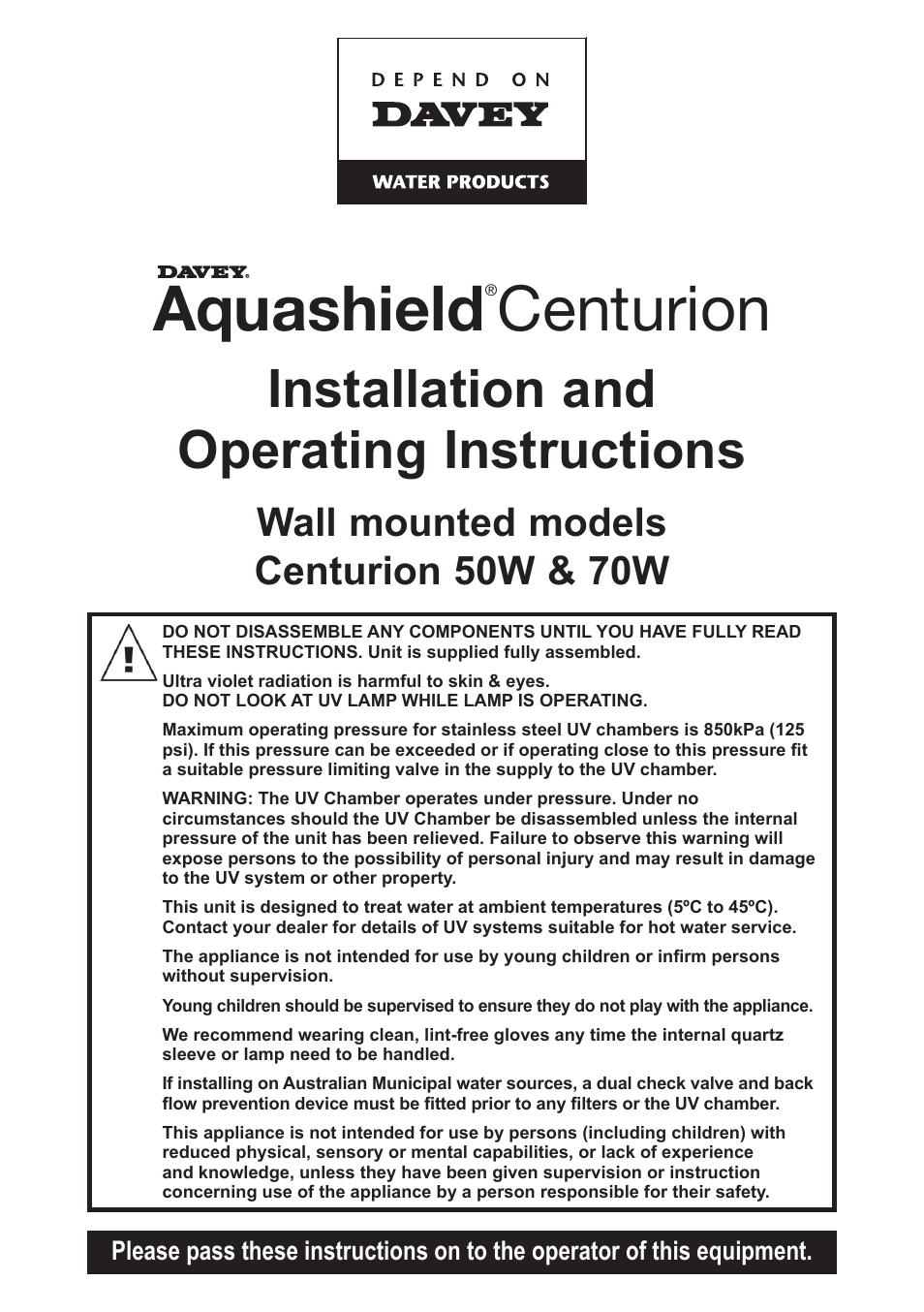 Davey Aquashield Centurion 50W & 70W User Manual | 12 pages