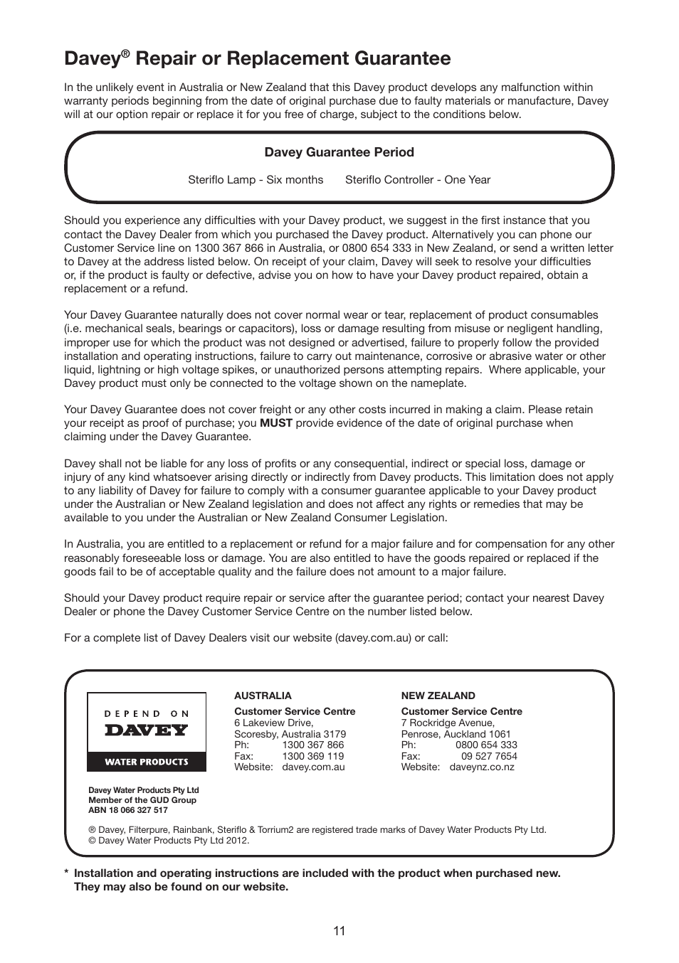 Davey, Repair or replacement guarantee | Davey Aquashield Centurion 50W & 70W User Manual | Page 11 / 12