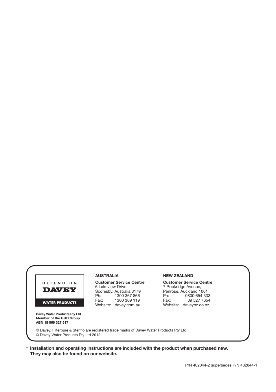 Davey Aquashield Centurion 50W & 70W User Manual | Page 12 / 12