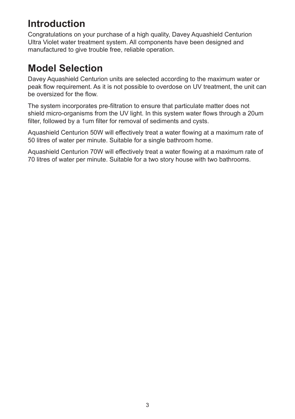 Introduction, Model selection | Davey Aquashield Centurion 50W & 70W User Manual | Page 3 / 12