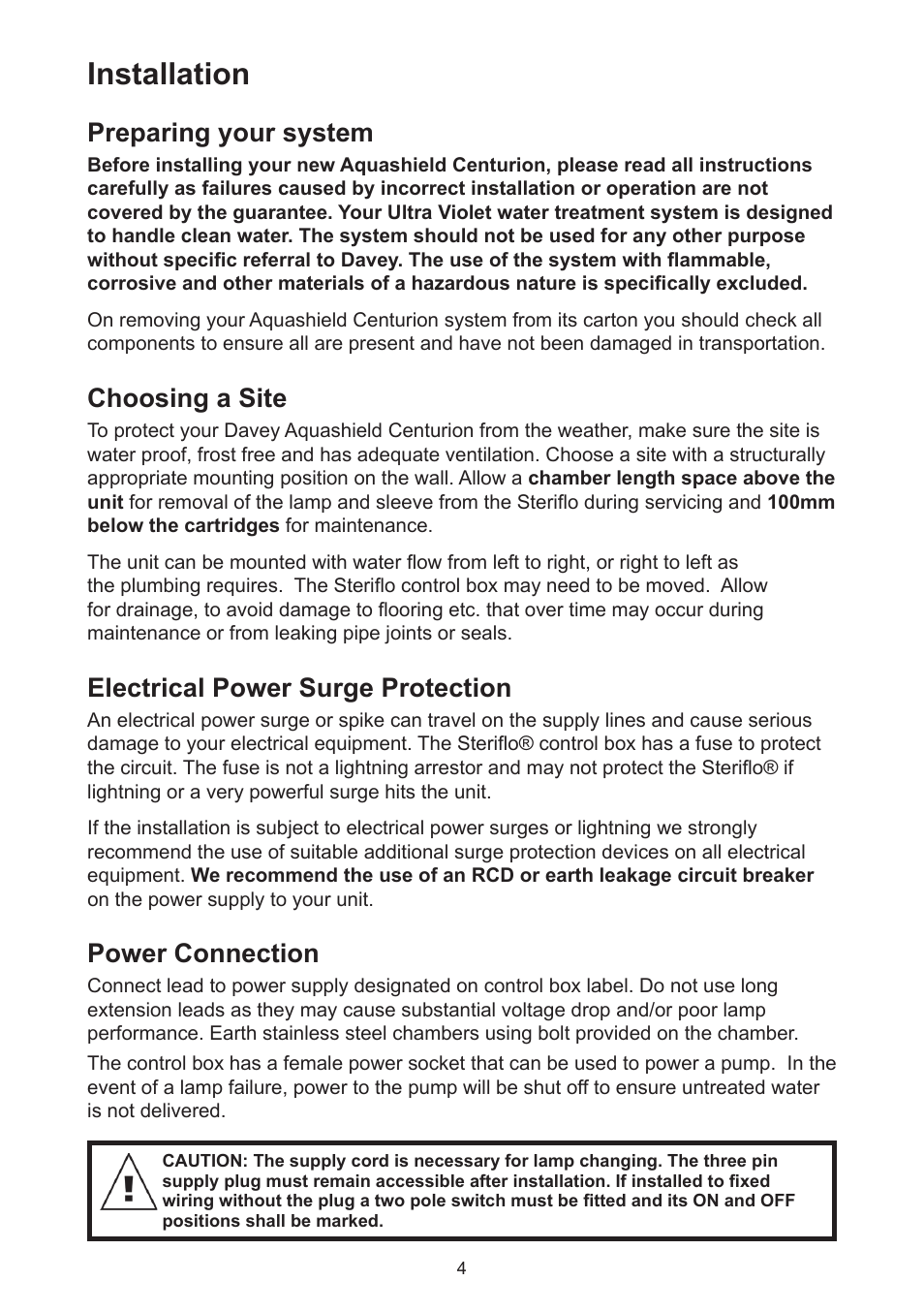 Installation, Preparing your system, Choosing a site | Electrical power surge protection, Power connection | Davey Aquashield Centurion 50W & 70W User Manual | Page 4 / 12