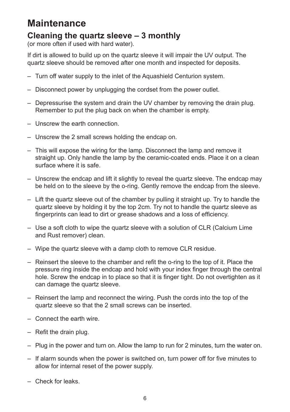 Maintenance, Cleaning the quartz sleeve – 3 monthly | Davey Aquashield Centurion 50W & 70W User Manual | Page 6 / 12