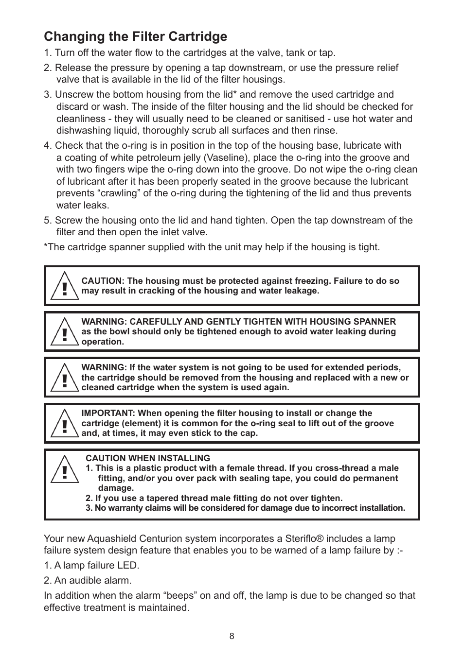 Changing the filter cartridge | Davey Aquashield Centurion 50W & 70W User Manual | Page 8 / 12