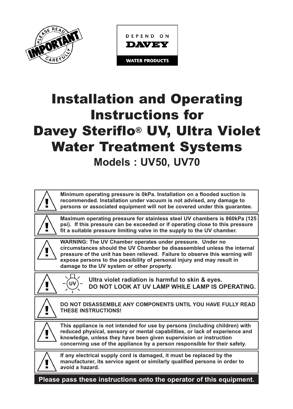 Davey UV70 Steriflo UV, Ultra Violet Water Treatment Systems User Manual | 12 pages