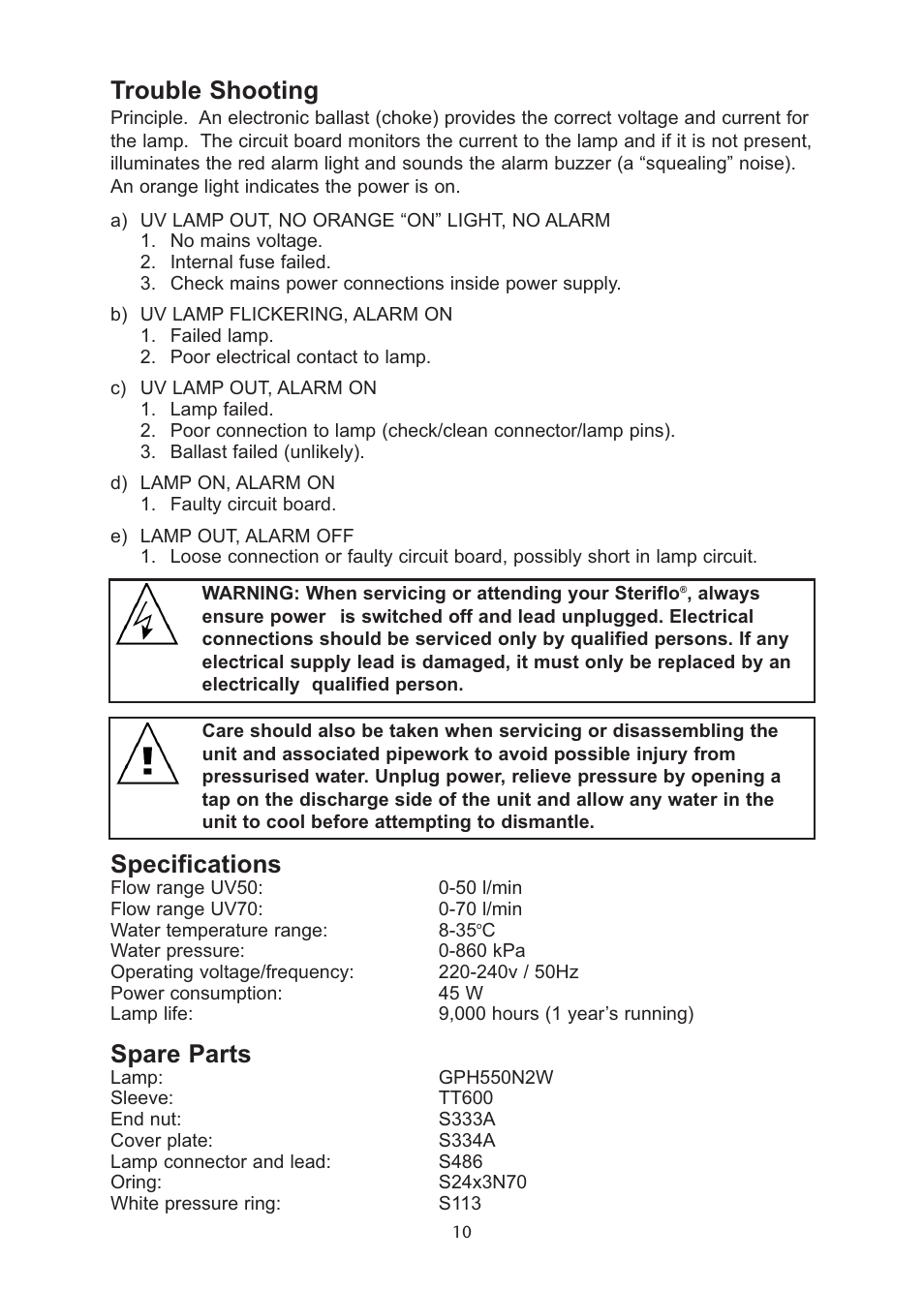 Trouble shooting, Specifications, Spare parts | Davey UV70 Steriflo UV, Ultra Violet Water Treatment Systems User Manual | Page 10 / 12