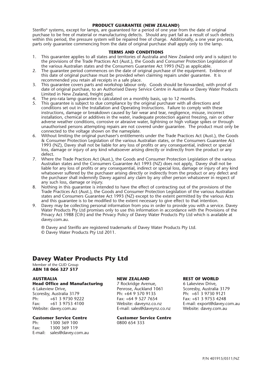 Davey water products pty ltd | Davey UV70 Steriflo UV, Ultra Violet Water Treatment Systems User Manual | Page 12 / 12