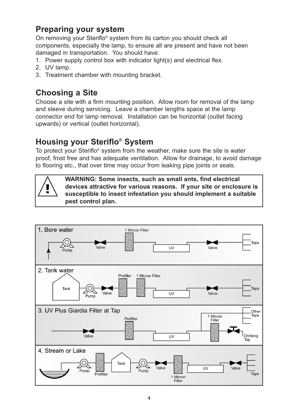 Preparing your system, Choosing a site, Housing your steriflo | System | Davey UV70 Steriflo UV, Ultra Violet Water Treatment Systems User Manual | Page 4 / 12