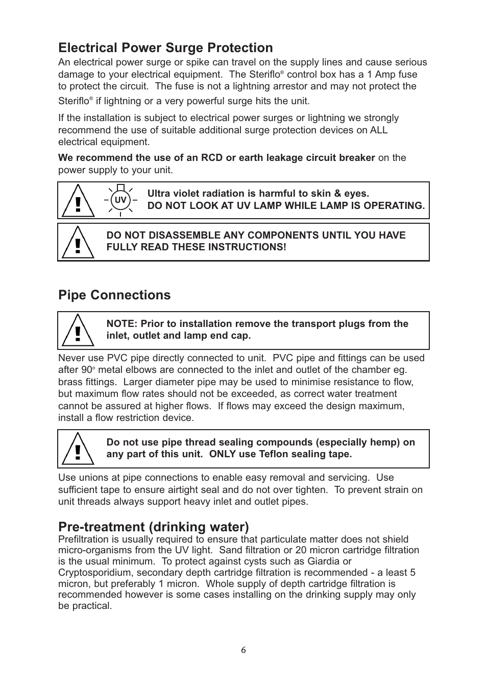 Electrical power surge protection, Pipe connections, Pre-treatment (drinking water) | Davey UV70 Steriflo UV, Ultra Violet Water Treatment Systems User Manual | Page 6 / 12