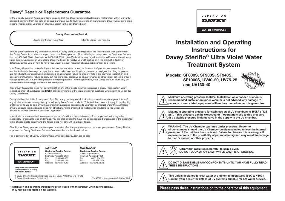 Davey UV40-20/UV75-25/UV130-40 Steriflo Ultra Violet Water Treatment Systems User Manual | 6 pages