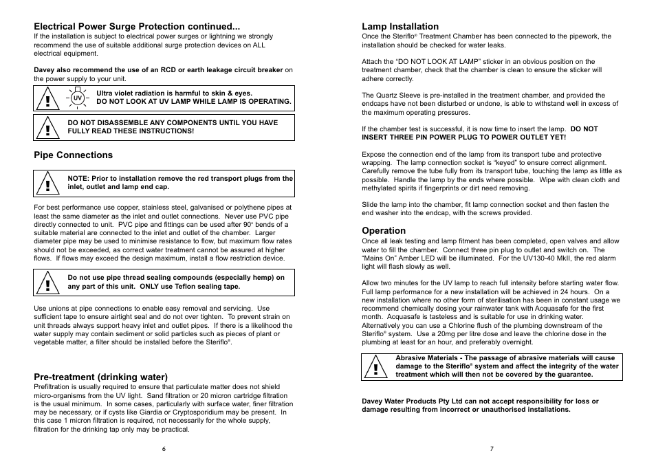 Davey UV40-20/UV75-25/UV130-40 Steriflo Ultra Violet Water Treatment Systems User Manual | Page 6 / 6