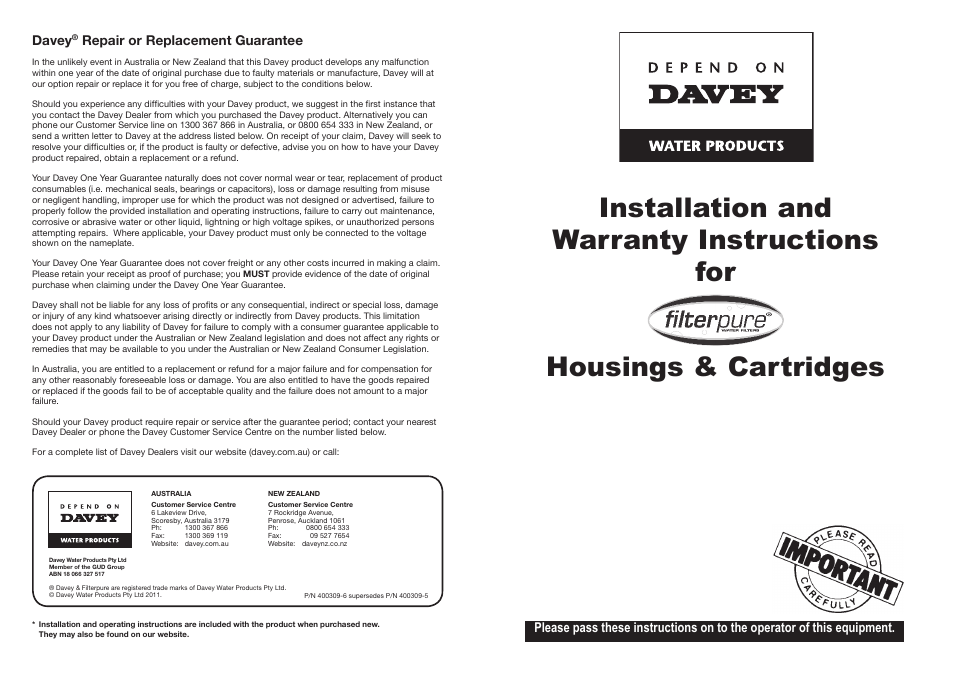 Davey Housings & Cartridges User Manual | 2 pages