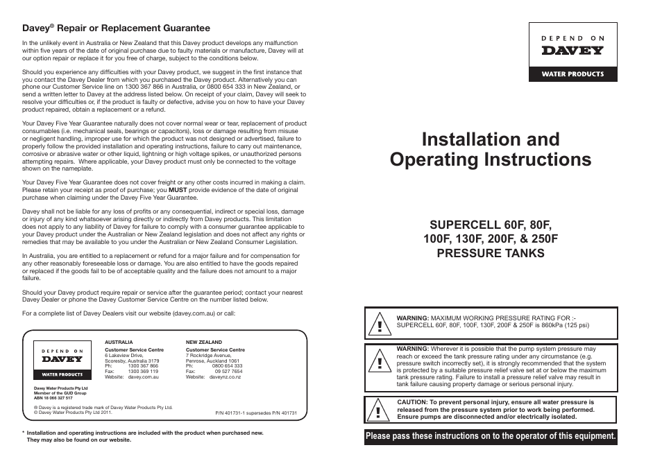 Davey SUPERCELL 60F, 80F, 100F, 130F, 200F, & 250F PRESSURE TANKS User Manual | 4 pages