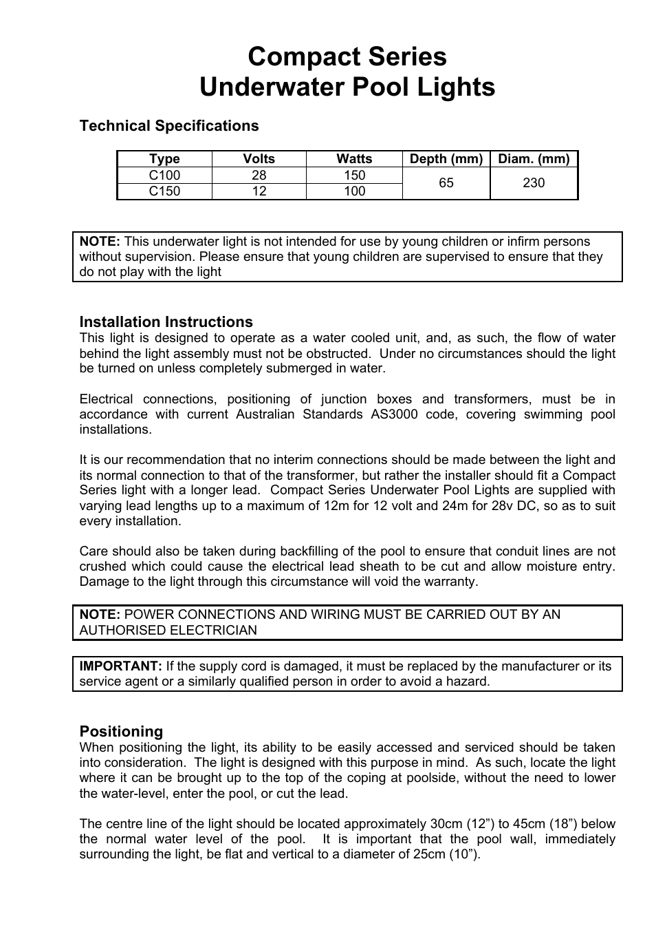 Compact series underwater pool lights | Davey Compact Series Underwater Pool Lights User Manual | Page 3 / 8