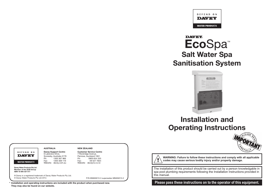 Davey EcoSpa Salt Water Spa Sanitisation System User Manual | 6 pages