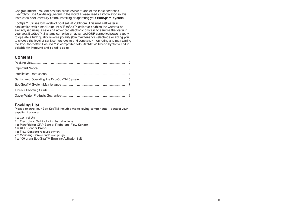 Davey EcoSpa Salt Water Spa Sanitisation System User Manual | Page 2 / 6