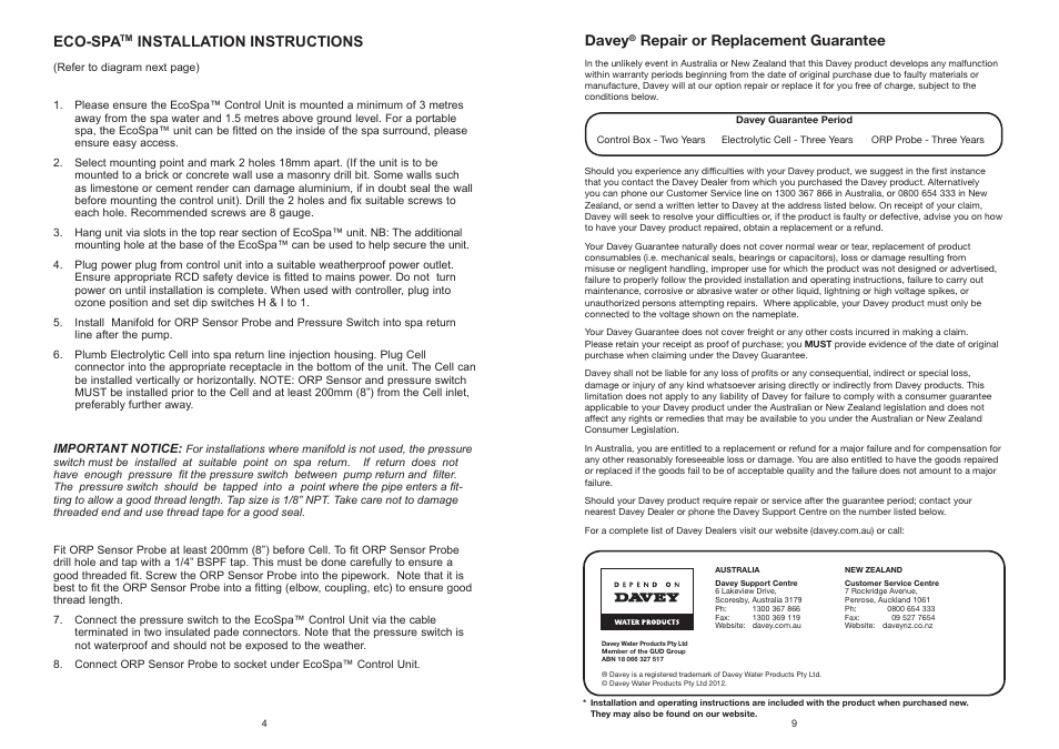 Eco-spa, Installation instructions, Davey | Repair or replacement guarantee | Davey EcoSpa Salt Water Spa Sanitisation System User Manual | Page 4 / 6