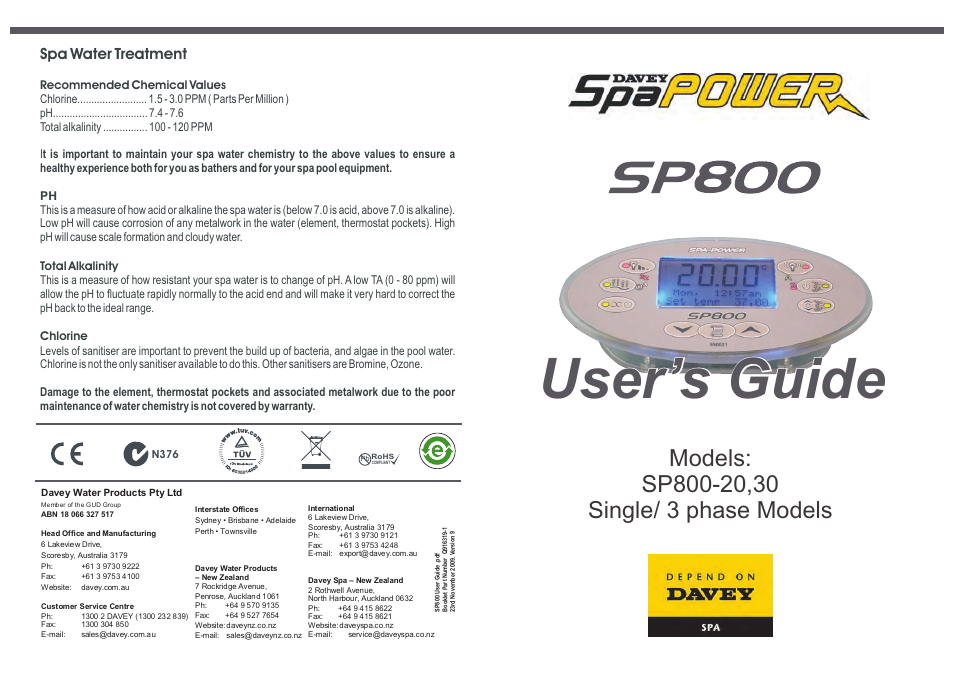 Davey SP800-20,30 Single/3 phase SPAPOWER CONTROLLER User Manual | 18 pages