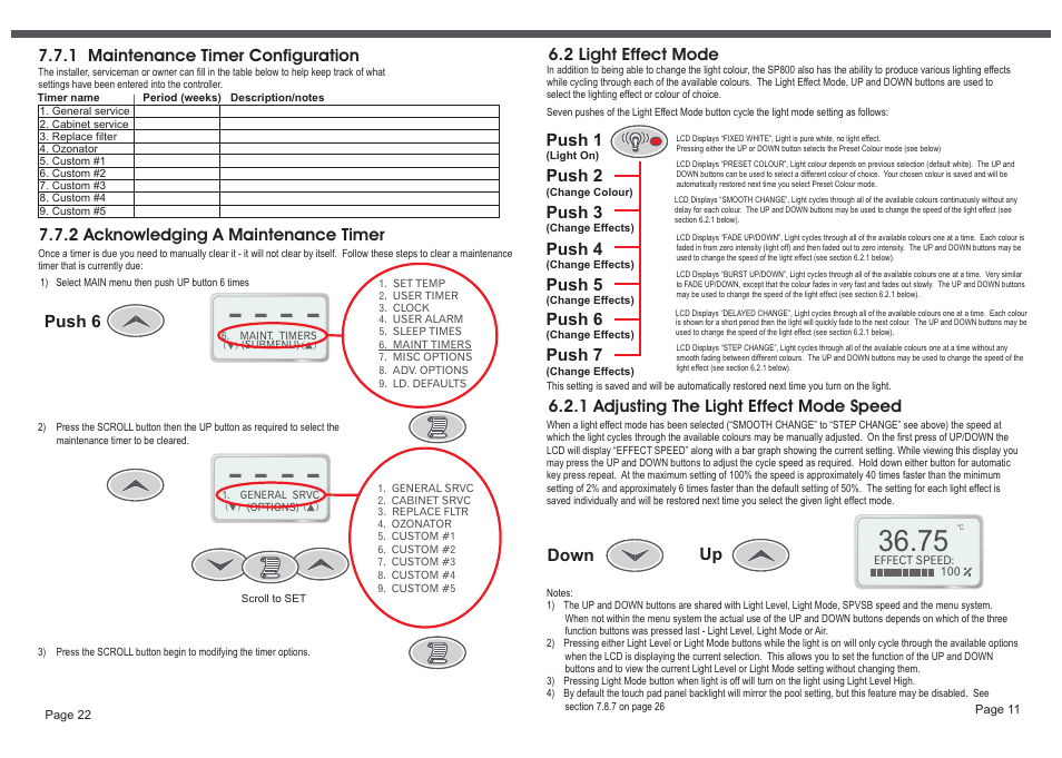 Push 1, Push 2, Push 3 | Push 4, Push 5, Push 6, Push 7, Up down, 2 light effect mode, 1 adjusting the light effect mode speed | Davey SP800-20,30 Single/3 phase SPAPOWER CONTROLLER User Manual | Page 13 / 18