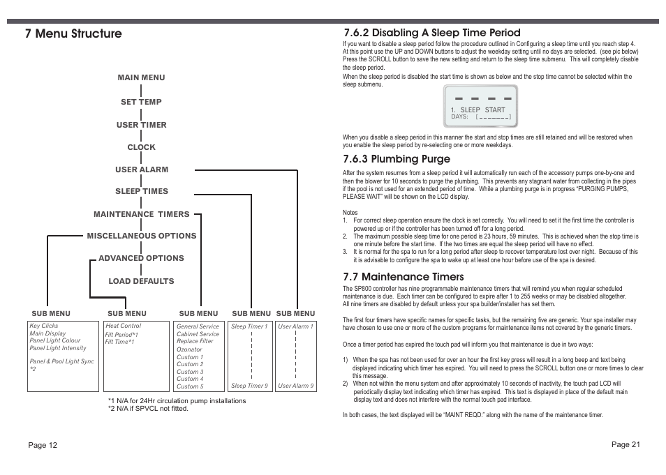 7 menu structure, 2 disabling a sleep time period, 3 plumbing purge | 7 maintenance timers | Davey SP800-20,30 Single/3 phase SPAPOWER CONTROLLER User Manual | Page 14 / 18