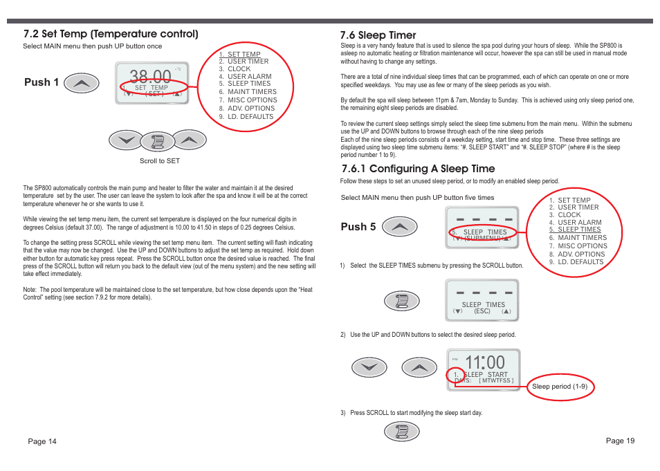 Push 1, 2 set temp (temperature control), Push 5 | 6 sleep timer, 1 configuring a sleep time | Davey SP800-20,30 Single/3 phase SPAPOWER CONTROLLER User Manual | Page 16 / 18