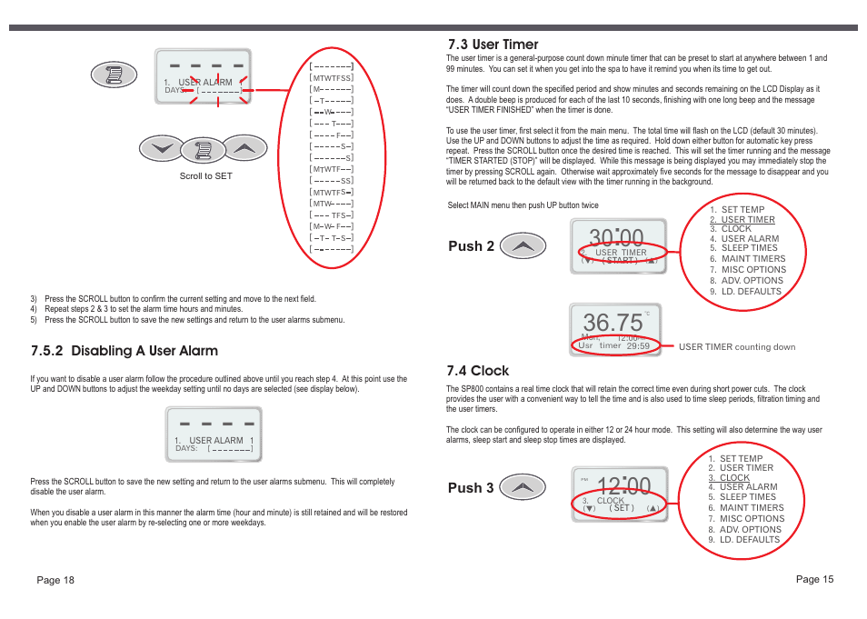 2 disabling a user alarm, Push 3, Push 2 | 3 user timer, 4 clock | Davey SP800-20,30 Single/3 phase SPAPOWER CONTROLLER User Manual | Page 17 / 18