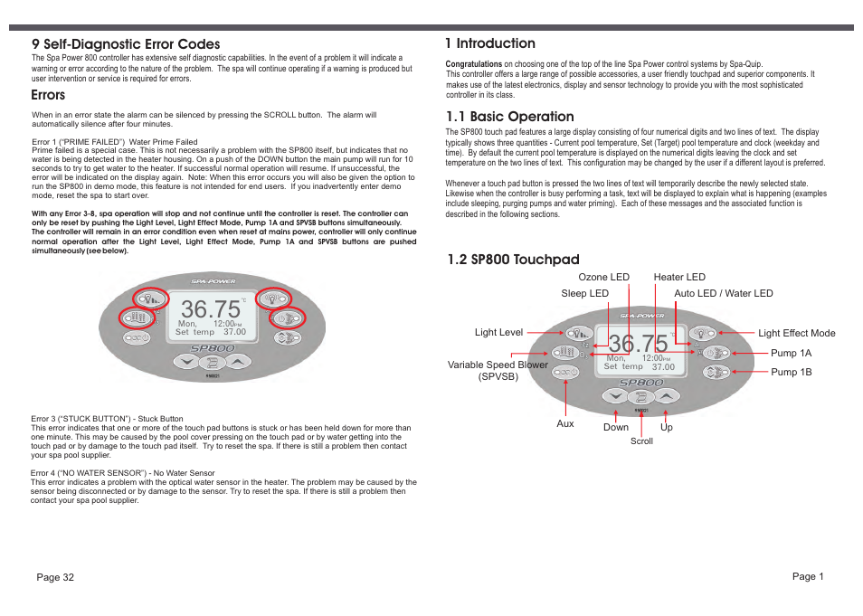 1 basic operation 1 introduction, 2 sp800 touchpad, 9 self-diagnostic error codes | Errors | Davey SP800-20,30 Single/3 phase SPAPOWER CONTROLLER User Manual | Page 3 / 18