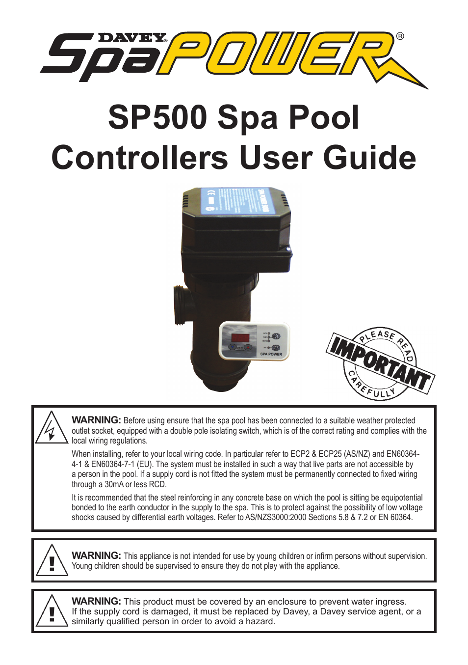 Sp500 spa pool controllers user guide | Davey SP500 Series SPAPOWER CONTROLLERS User Manual | Page 2 / 8