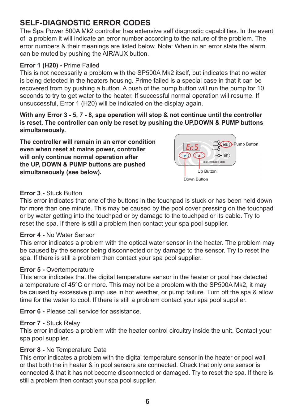 Self-diagnostic error codes | Davey SP500 Series SPAPOWER CONTROLLERS User Manual | Page 5 / 8