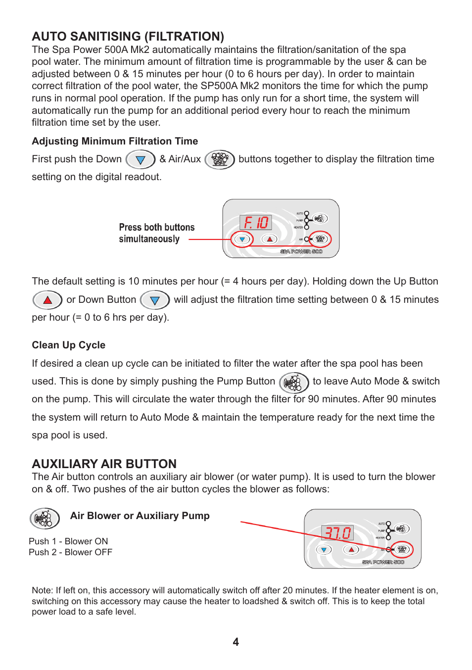 Auto sanitising (filtration), Auxiliary air button | Davey SP500 Series SPAPOWER CONTROLLERS User Manual | Page 7 / 8