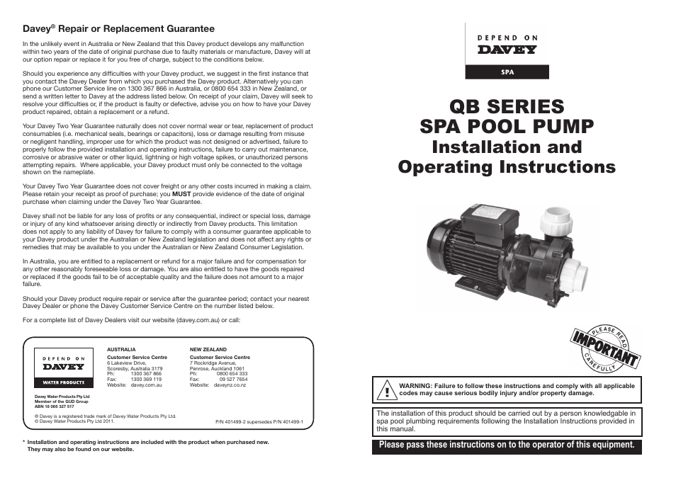 Davey QB SERIES SPA POOL PUMP User Manual | 4 pages