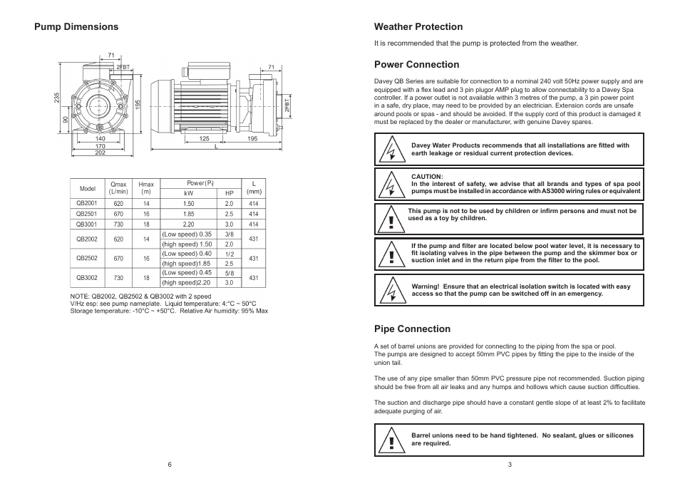 Davey QB SERIES SPA POOL PUMP User Manual | Page 3 / 4