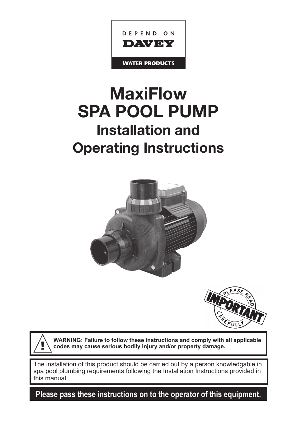 Davey MaxiFlow SPA POOL PUMP User Manual | 12 pages