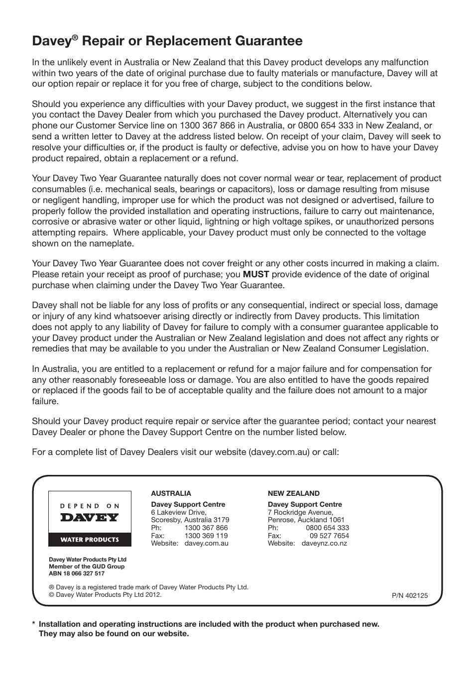 Davey, Repair or replacement guarantee | Davey MaxiFlow SPA POOL PUMP User Manual | Page 12 / 12