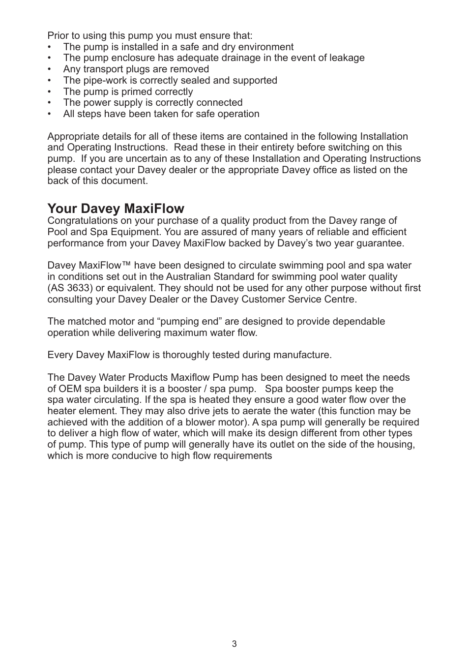 Your davey maxiflow | Davey MaxiFlow SPA POOL PUMP User Manual | Page 3 / 12