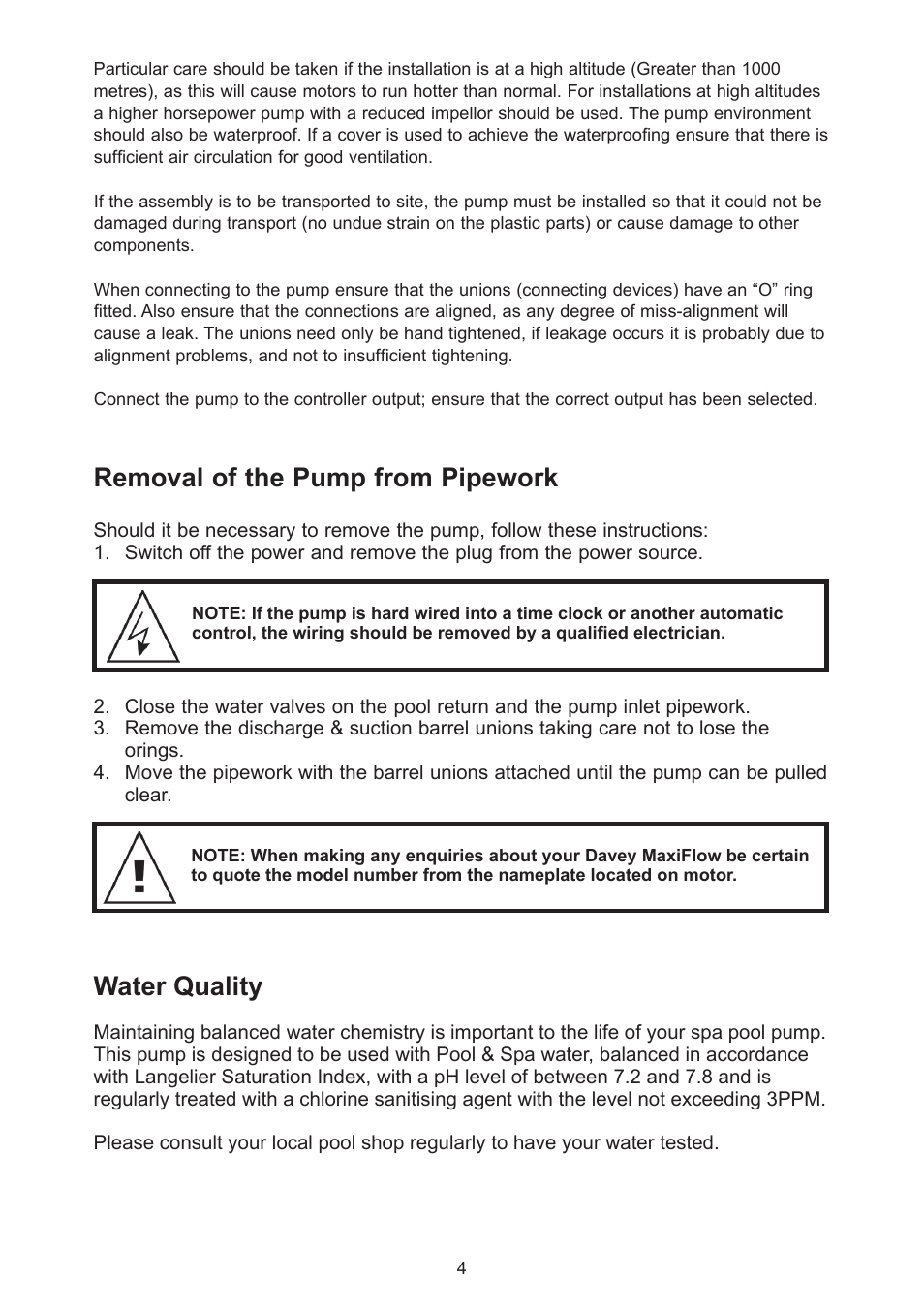 Removal of the pump from pipework, Water quality | Davey MaxiFlow SPA POOL PUMP User Manual | Page 4 / 12