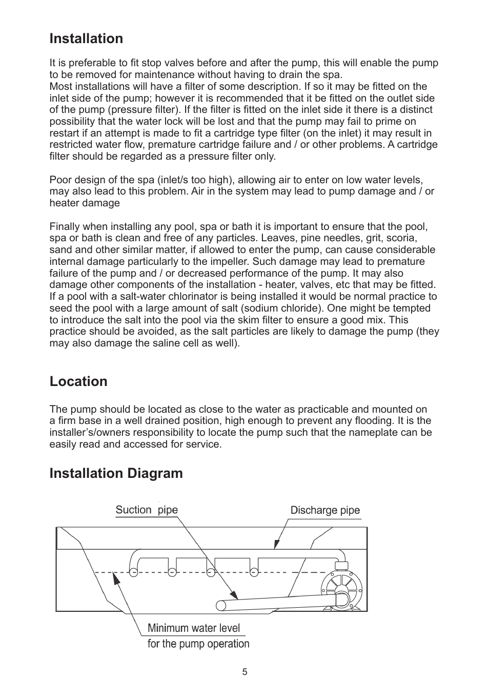 Installation, Location, Installation diagram | Davey MaxiFlow SPA POOL PUMP User Manual | Page 5 / 12