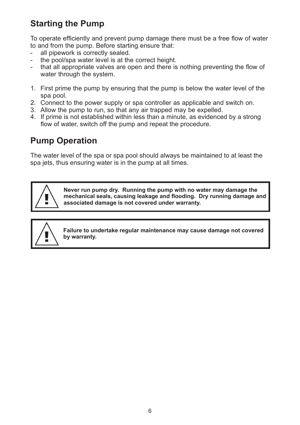 Starting the pump, Pump operation | Davey MaxiFlow SPA POOL PUMP User Manual | Page 6 / 12