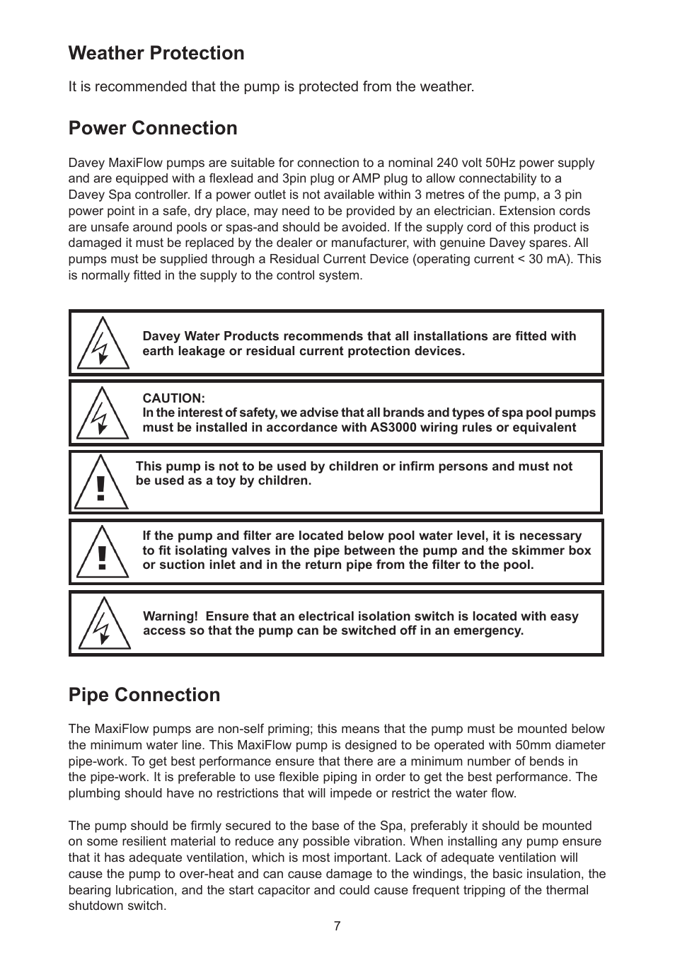 Weather protection, Power connection, Pipe connection | Davey MaxiFlow SPA POOL PUMP User Manual | Page 7 / 12