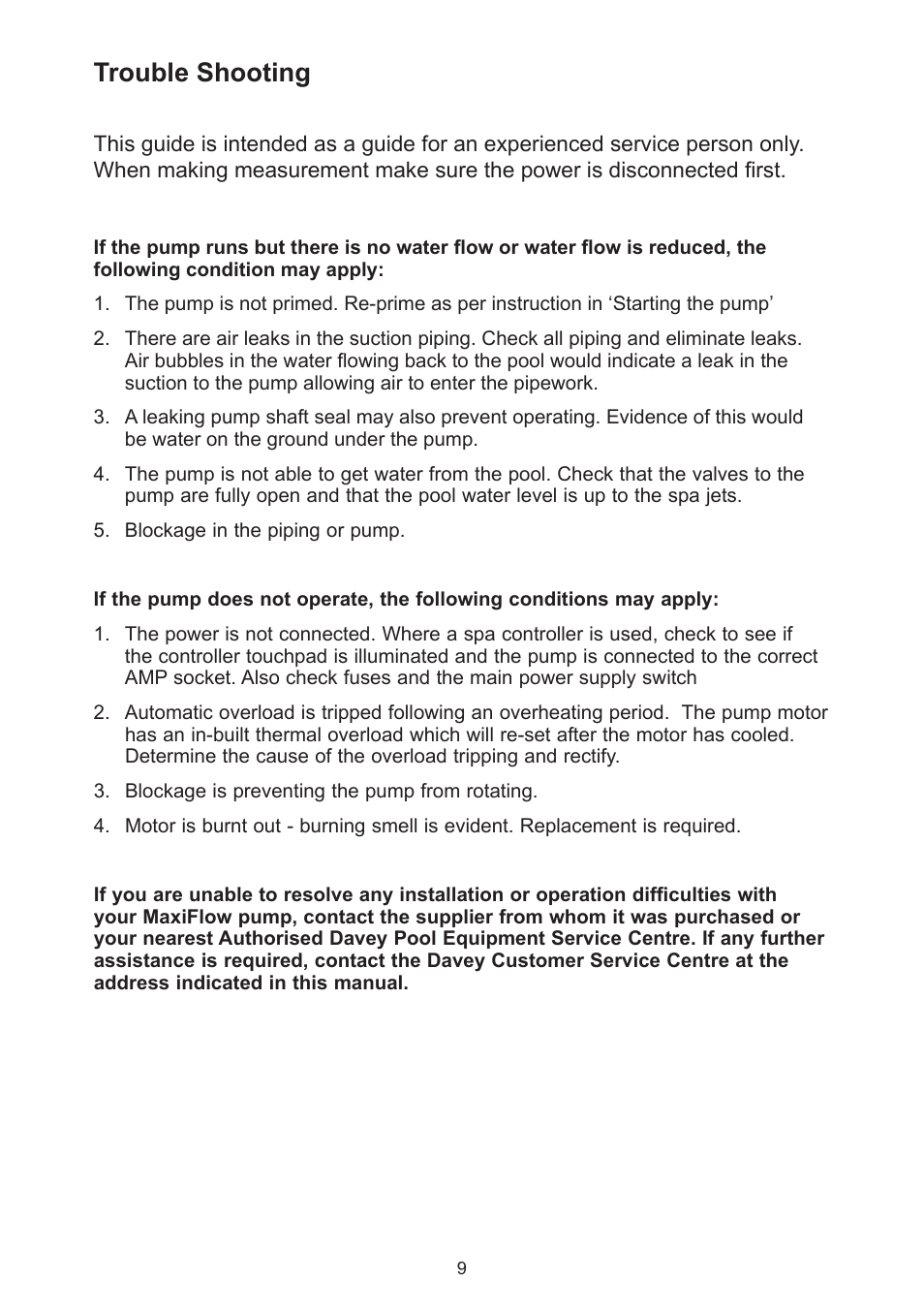 Trouble shooting | Davey MaxiFlow SPA POOL PUMP User Manual | Page 9 / 12