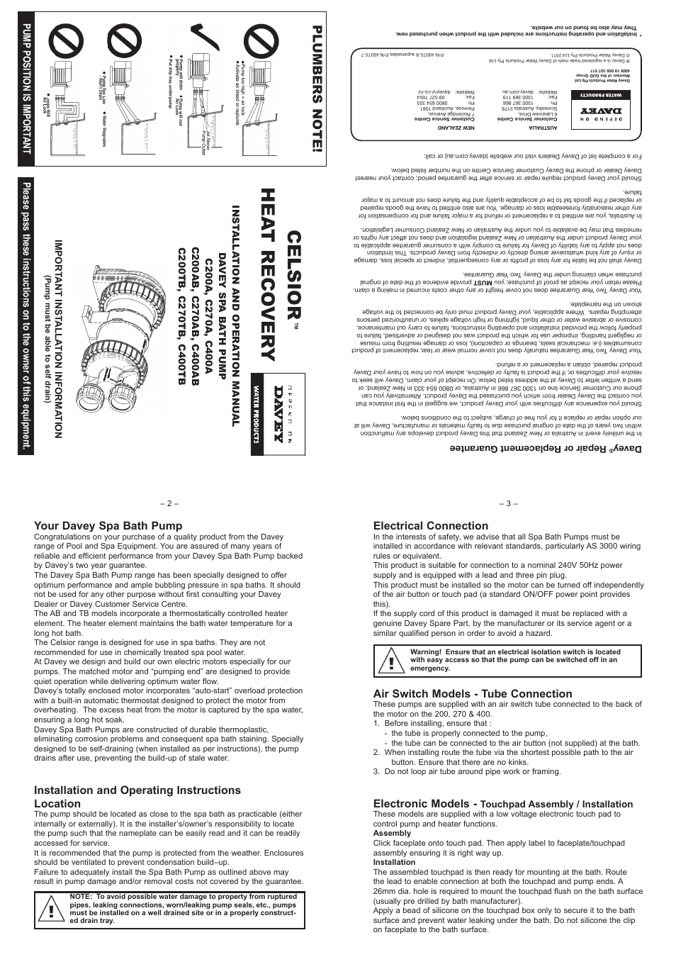 Davey СxxxA/AB/TB CELSIOR SPA BATH PUMPS User Manual | 2 pages