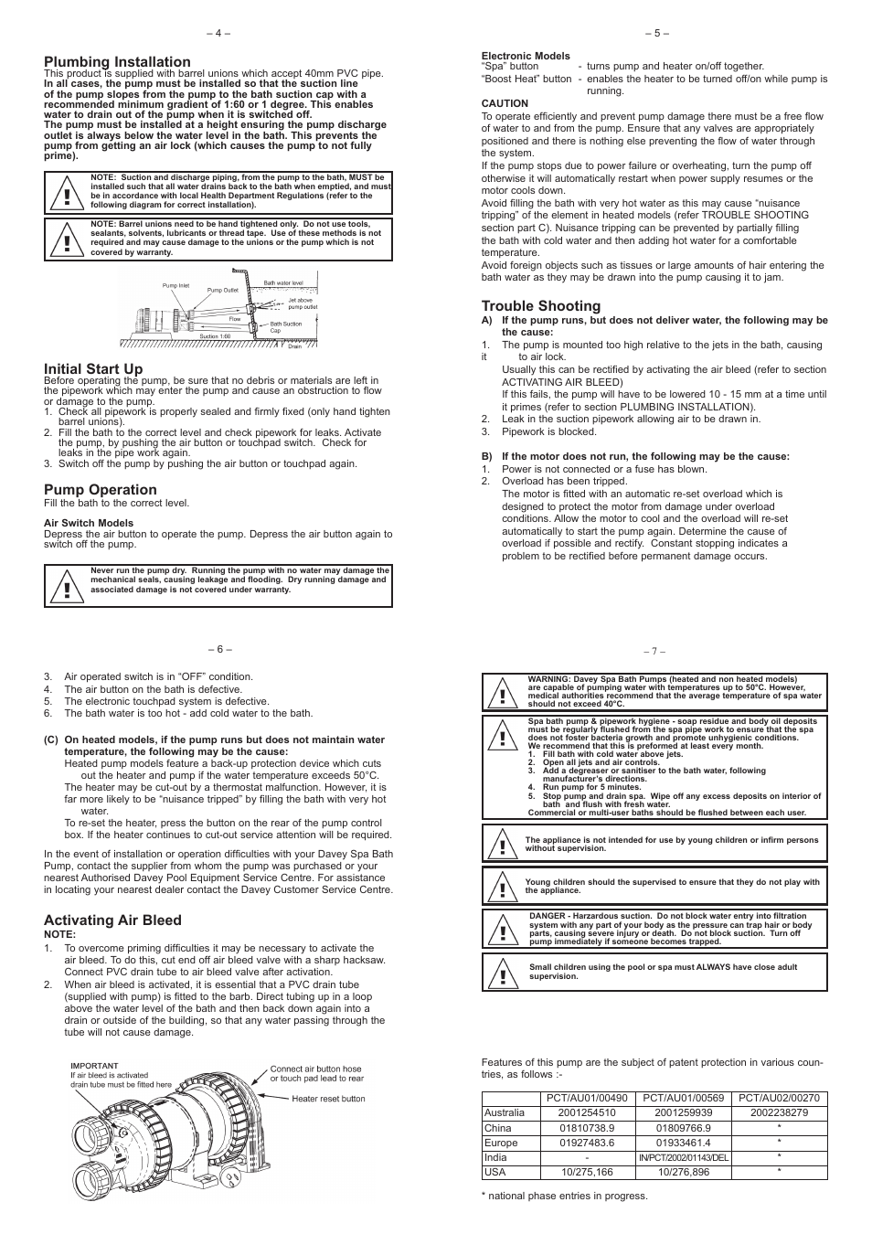 Plumbing installation, Initial start up, Pump operation | Trouble shooting, Activating air bleed | Davey СxxxA/AB/TB CELSIOR SPA BATH PUMPS User Manual | Page 2 / 2