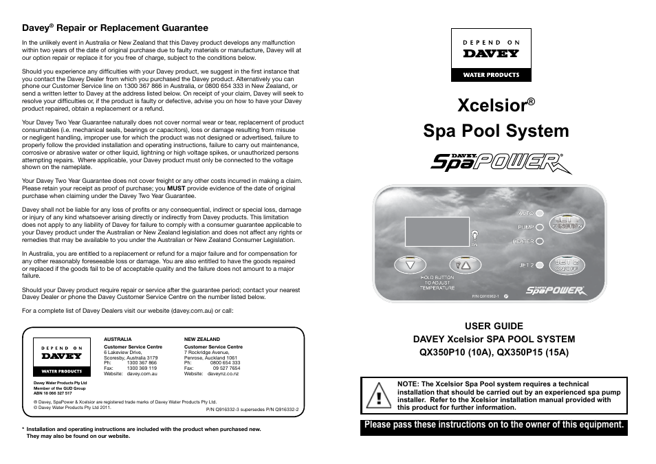 Davey QX350P15 (15A) Xcelsior Spa Pool System User Manual | 6 pages