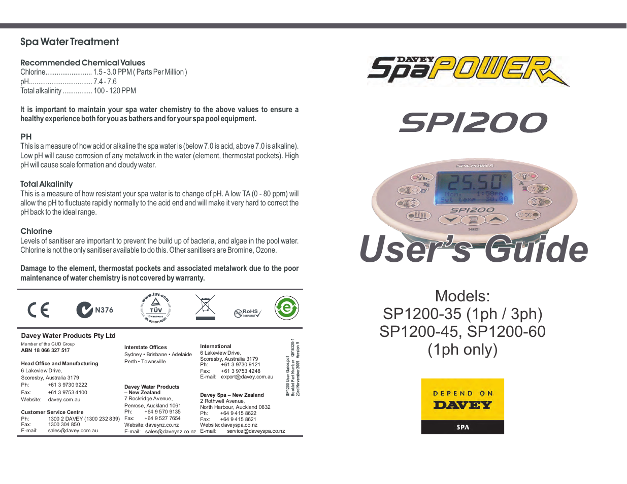 Davey SP1200-60 (1ph) SPAPOWER CONTROLLER User Manual | 18 pages