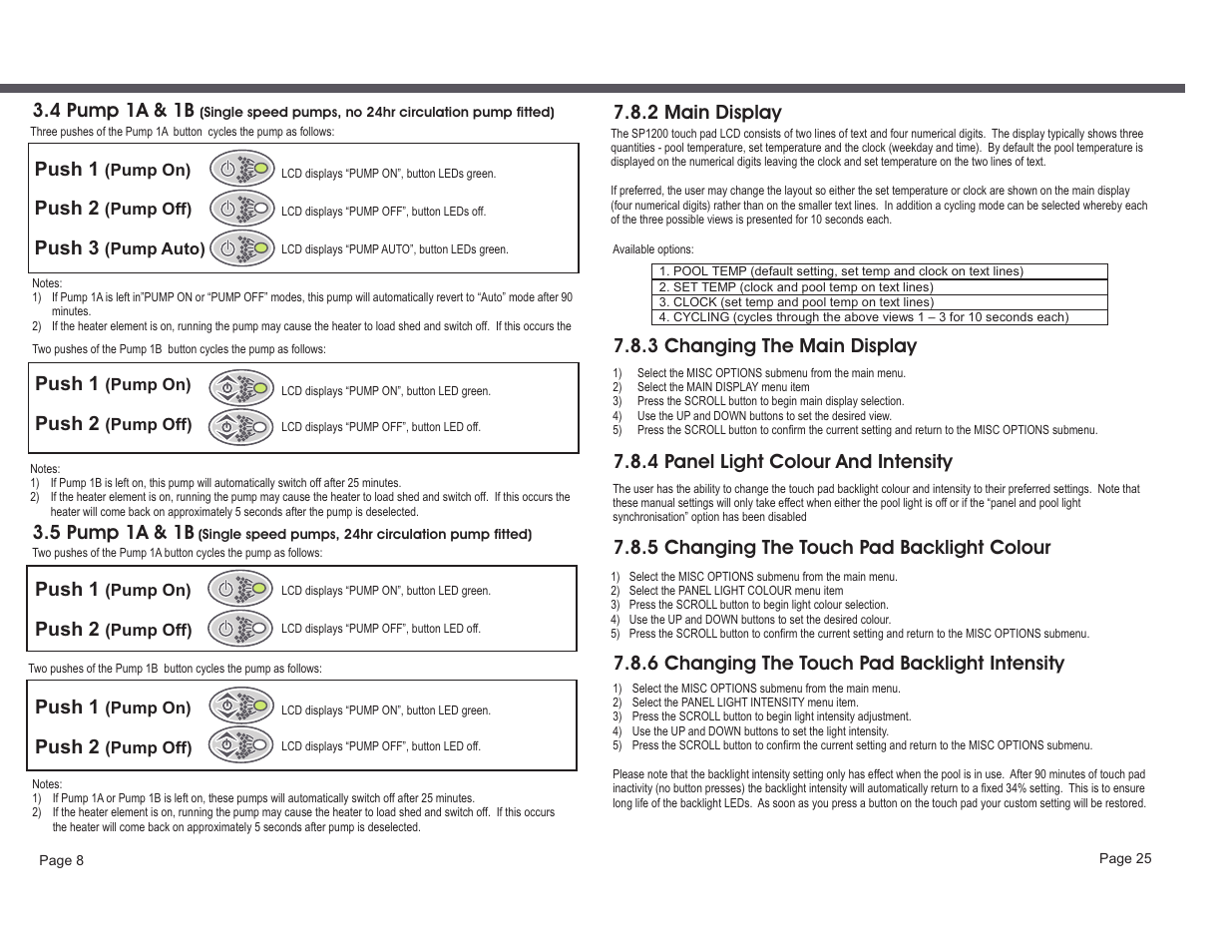 2 main display, 3 changing the main display, 4 panel light colour and intensity | Push 1, Push 2, Push 3, 4 pump 1a & 1b, 5 pump 1a & 1b | Davey SP1200-60 (1ph) SPAPOWER CONTROLLER User Manual | Page 10 / 18