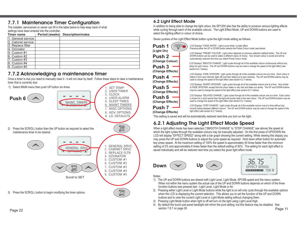 Up down, 1 adjusting the light effect mode speed, Push 1 | Push 2, Push 3, Push 4, Push 5, Push 6, Push 7, 1 maintenance timer configuration | Davey SP1200-60 (1ph) SPAPOWER CONTROLLER User Manual | Page 13 / 18