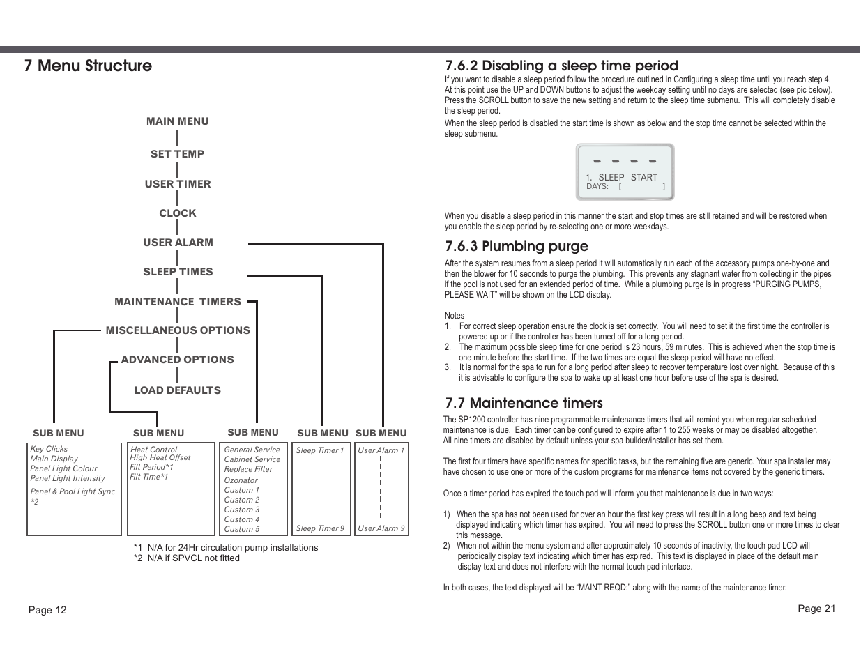 7 menu structure, 2 disabling a sleep time period, 3 plumbing purge | 7 maintenance timers | Davey SP1200-60 (1ph) SPAPOWER CONTROLLER User Manual | Page 14 / 18
