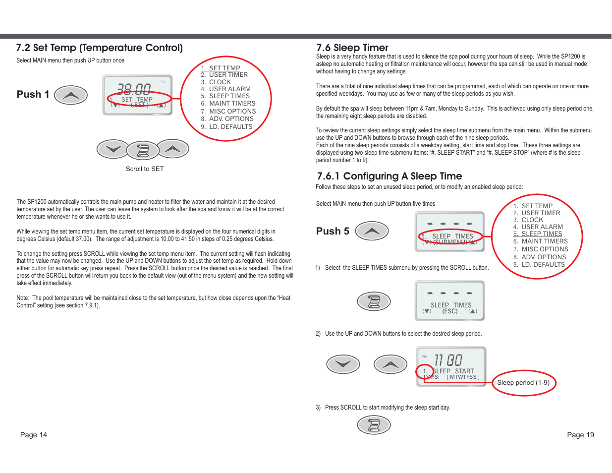 Push 1, 2 set temp (temperature control) 7.6 sleep timer, Push 5 | 1 configuring a sleep time | Davey SP1200-60 (1ph) SPAPOWER CONTROLLER User Manual | Page 16 / 18
