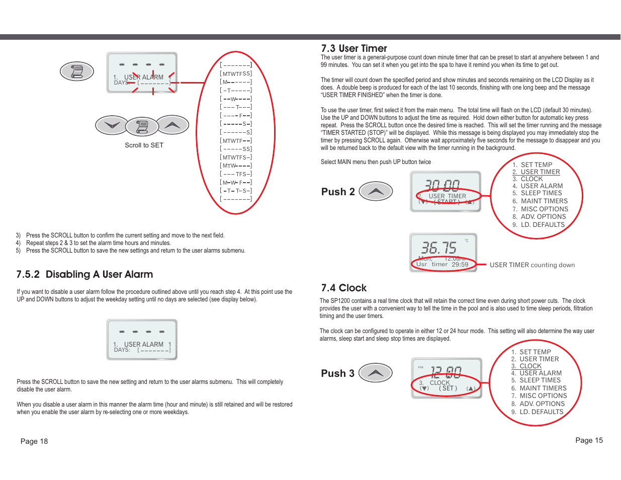 Push 3, Push 2, 3 user timer | 4 clock, 2 disabling a user alarm | Davey SP1200-60 (1ph) SPAPOWER CONTROLLER User Manual | Page 17 / 18