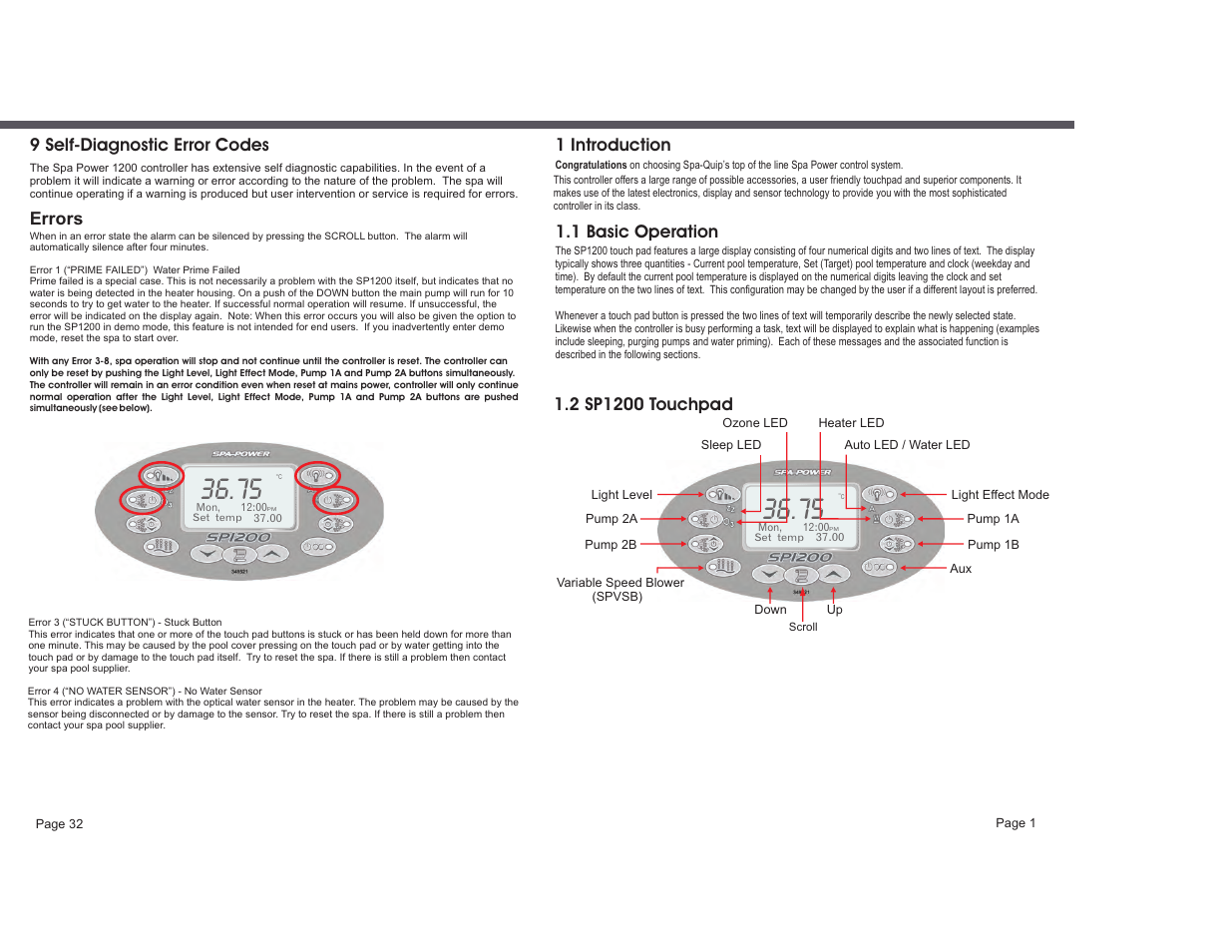 1 basic operation, 1 introduction, 9 self-diagnostic error codes errors | Davey SP1200-60 (1ph) SPAPOWER CONTROLLER User Manual | Page 3 / 18