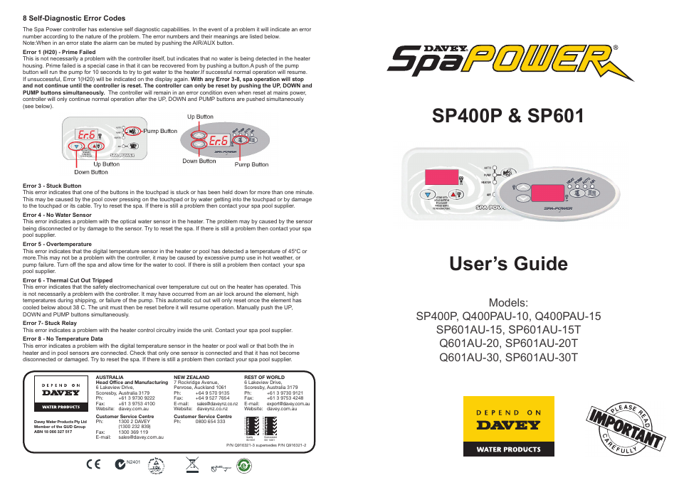 Davey SP601 Series SPAPOWER CONTROLLERS User Manual | 6 pages